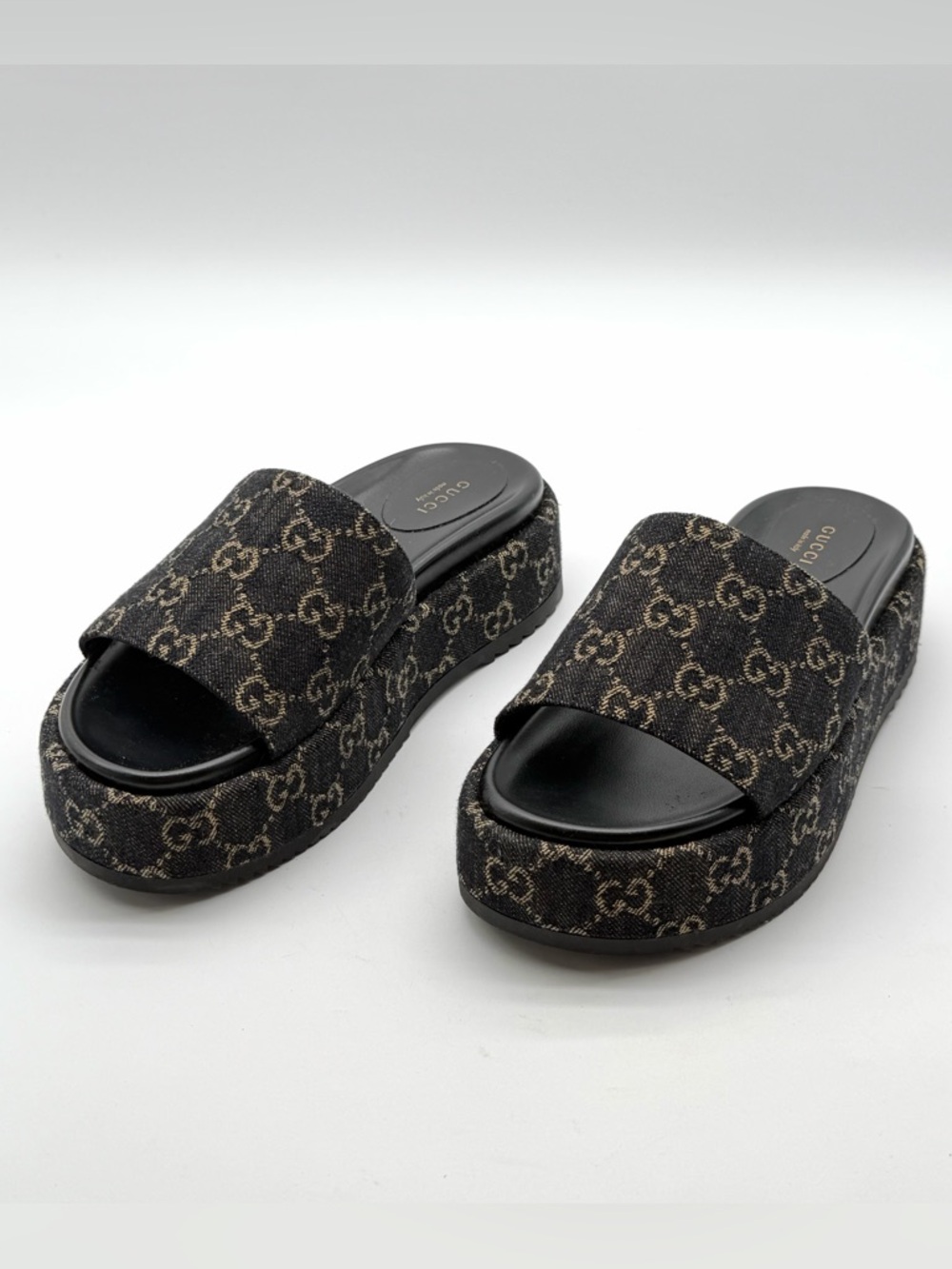 Gucci Angelina GG Monogram Platform in Black Denim Slide Sandals EU 39.5 US 9.5 - Picture 3 of 12